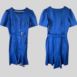Ashley Stewart Faux Leather Midi Dress Royal Blue Button Down Belted Edgy Retro